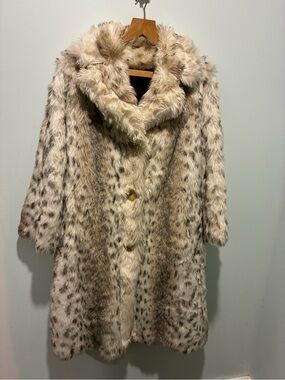 Vintage Plush Ivory Faux Fur Lynx Snow Leopard  Midi Coat Size 12